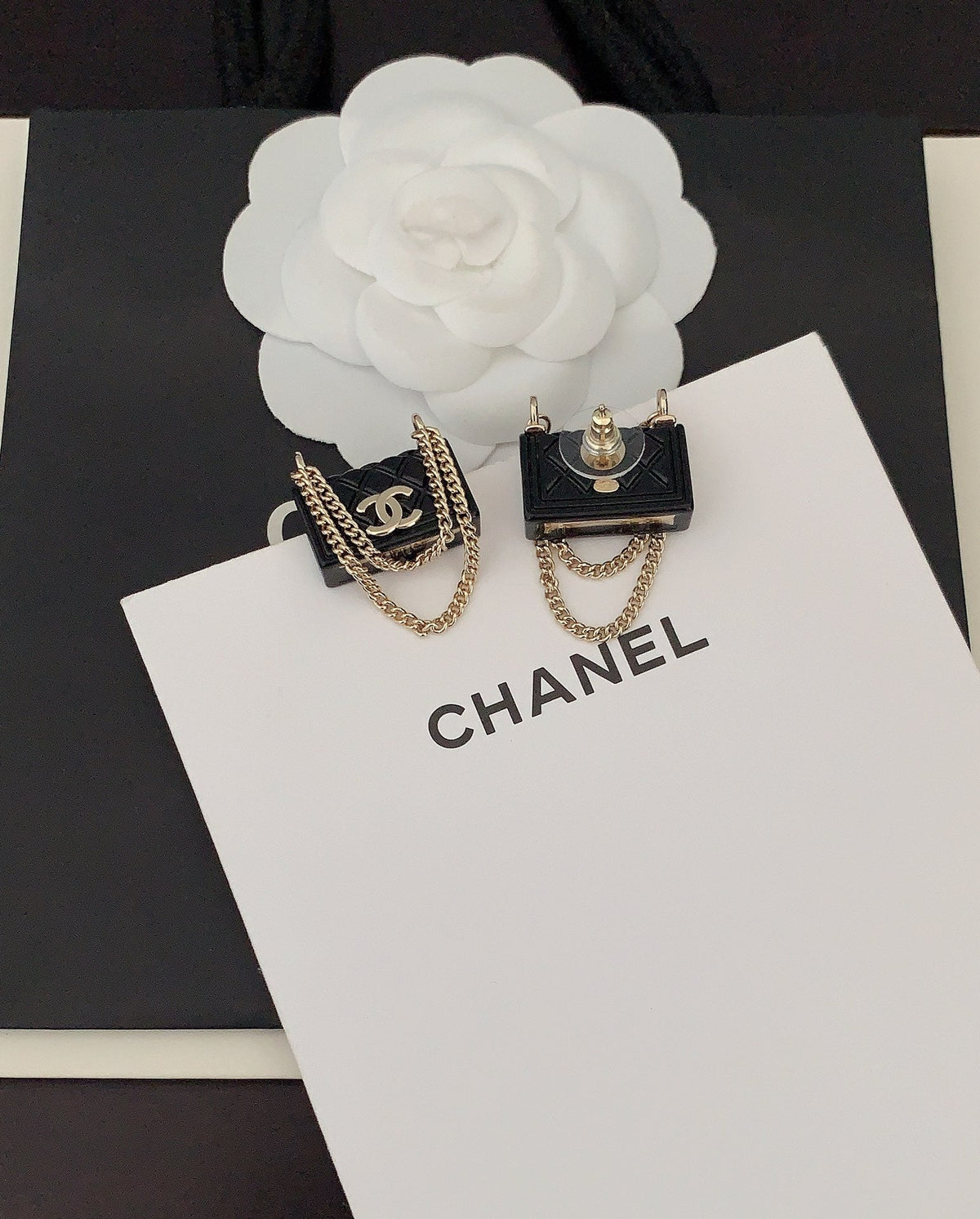 18K Chanel Black Bag Pendant Earrings