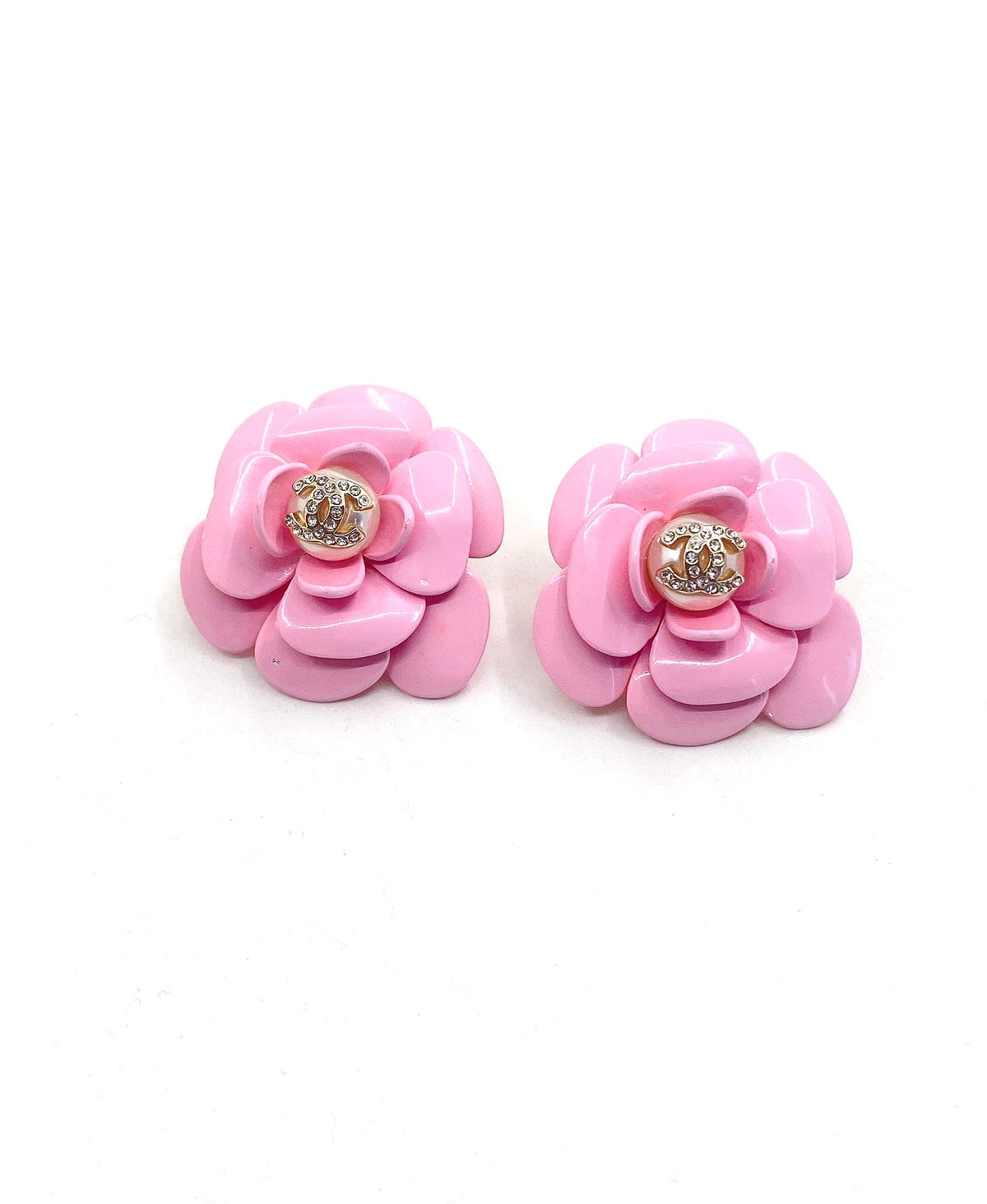 18K  Chanel Pink Camellia Resin Earrings