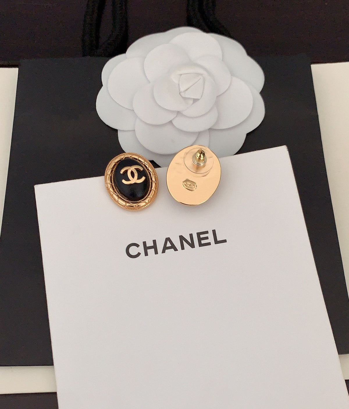 18K  Chanel Oval Leather Earrings